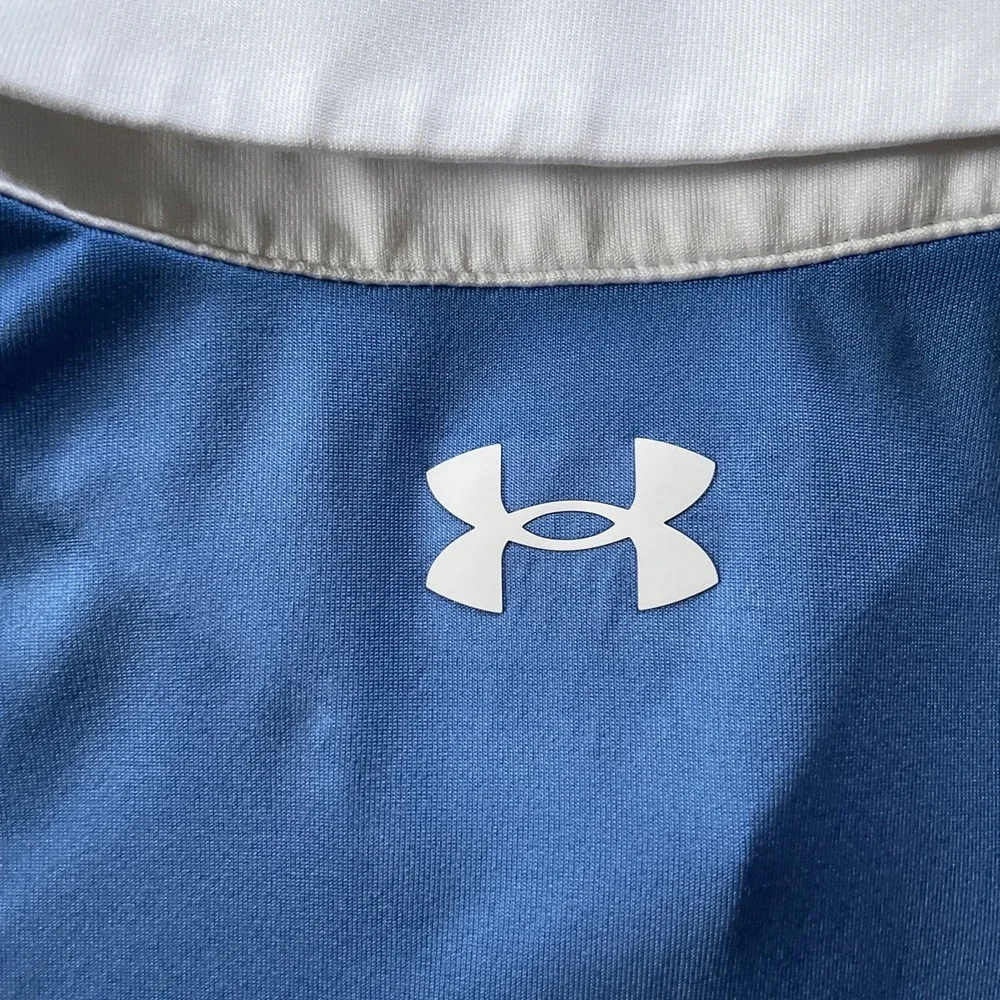 Under Armour Rugby Shirt Mens Medium The Playoff Polo Golf Blue Stripe Blokecore